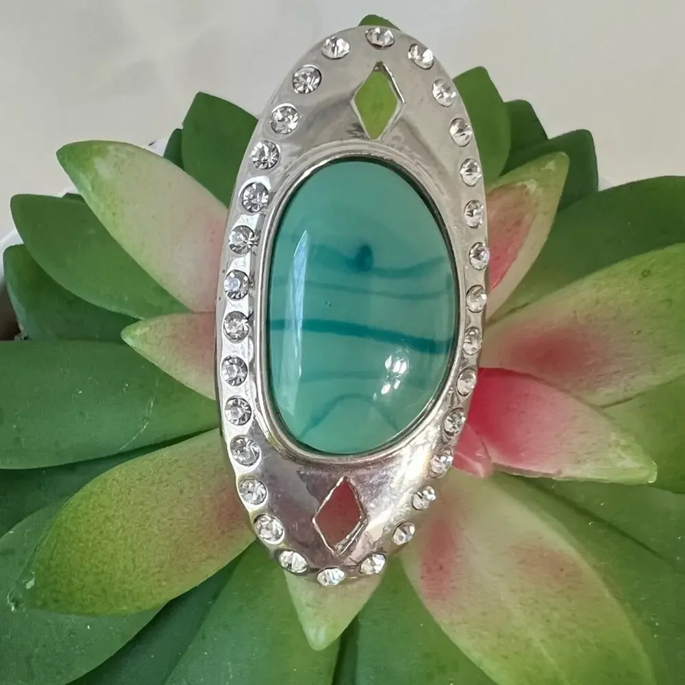 Ladies Cocktail Costume Jewelry Ring Silver Tone Band Faux Turquoise Adustable